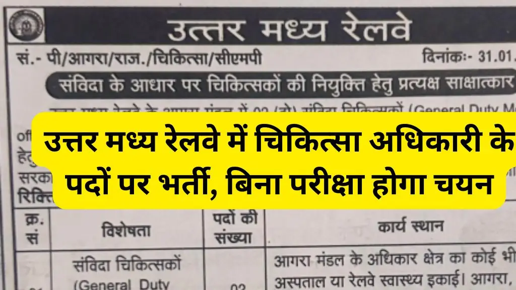 NCR Railway MO Vacancy : उत्तर मध्य रेलवे में चिकित्सा अधिकारी के पदों पर भर्ती, बिना परीक्षा होगा चयन