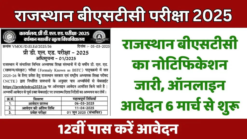 Rajasthan BSTC Notification : राजस्थान बीएसटीसी का नोटिफिकेशन जारी, ऑनलाइन आवेदन 6 मार्च से शुरू